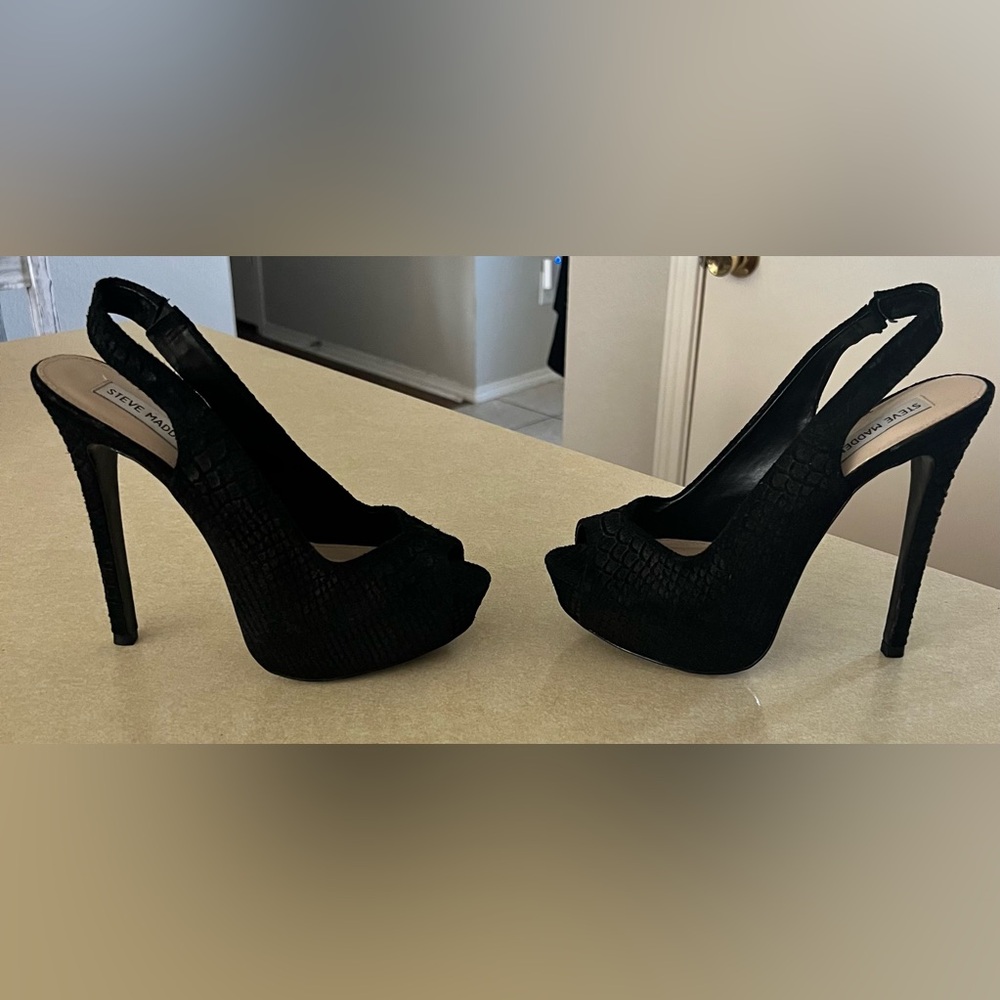 Steve Madden Aidn Black Snakeskin Peep-Toe Slingback Platform Stilettos Size 9 - Picture 9 of 10